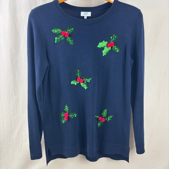 Crown & Ivy Navy Christmas Sweater w/ Sequin & Pom-Pom Mistletoe - size medium - Picture 1 of 11